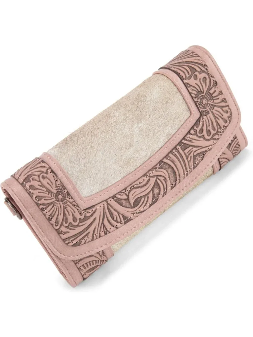 Western Floral Tooled Cowhide Wristlet Wallet for Women - Large Capacity Trifold